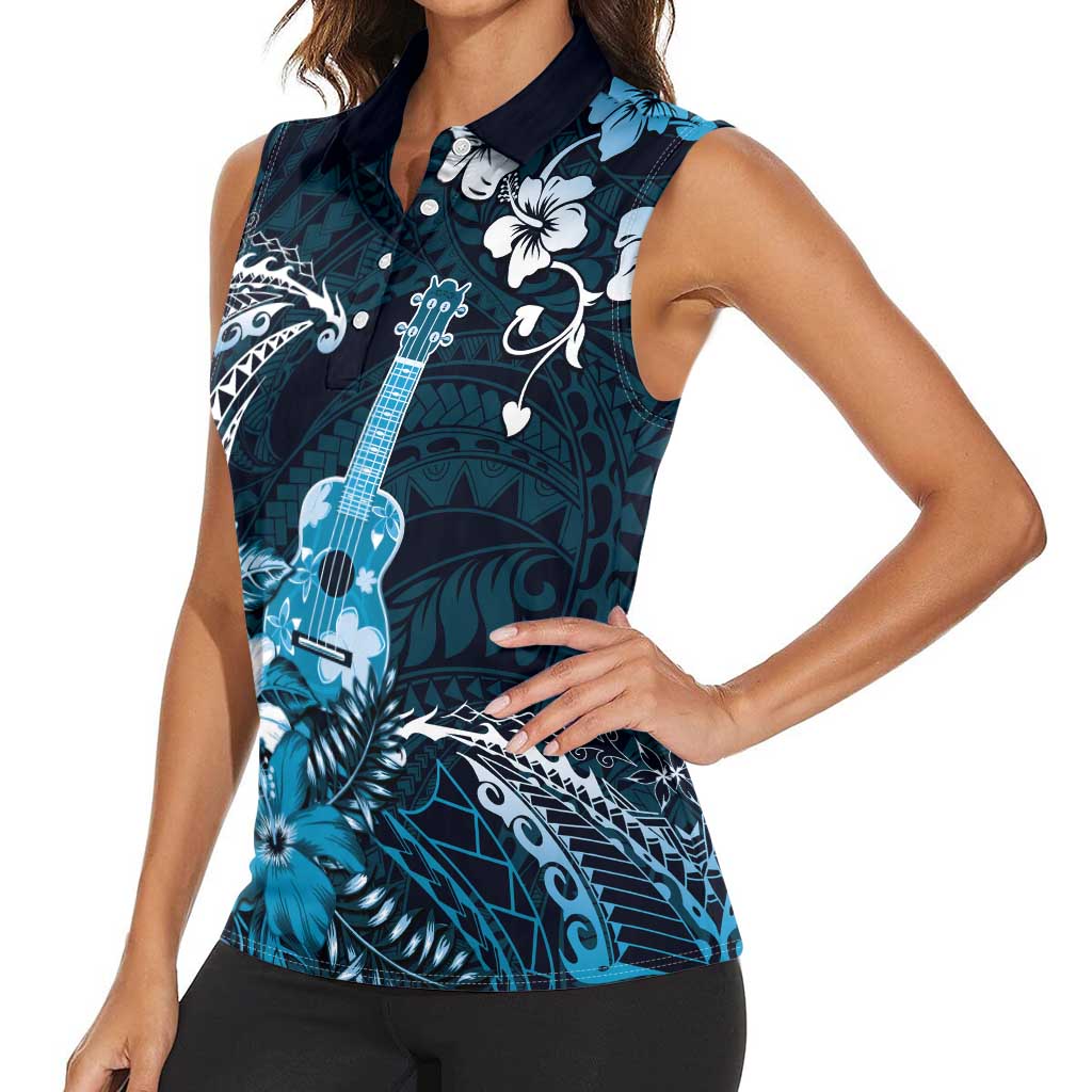 Hawaii Ukulele Women Sleeveless Polo Shirt Polynesian Pattern Mix Hibiscus Blue Version LT05