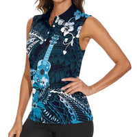 Hawaii Ukulele Women Sleeveless Polo Shirt Polynesian Pattern Mix Hibiscus Blue Version LT05