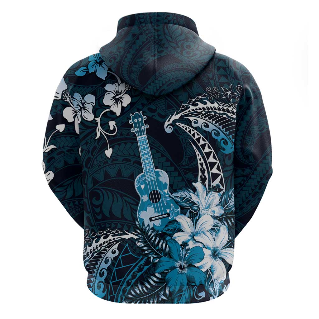 Hawaii Ukulele Zip Hoodie Polynesian Pattern Mix Hibiscus Blue Version LT05