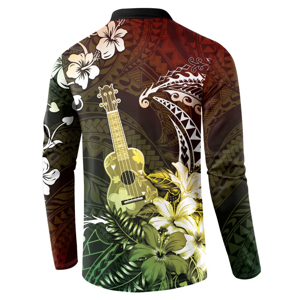 Hawaii Ukulele Button Sweatshirt Polynesian Pattern Mix Hibiscus Reggae Version LT05