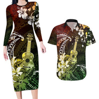 Hawaii Ukulele Couples Matching Long Sleeve Bodycon Dress and Hawaiian Shirt Polynesian Pattern Mix Hibiscus Reggae Version LT05