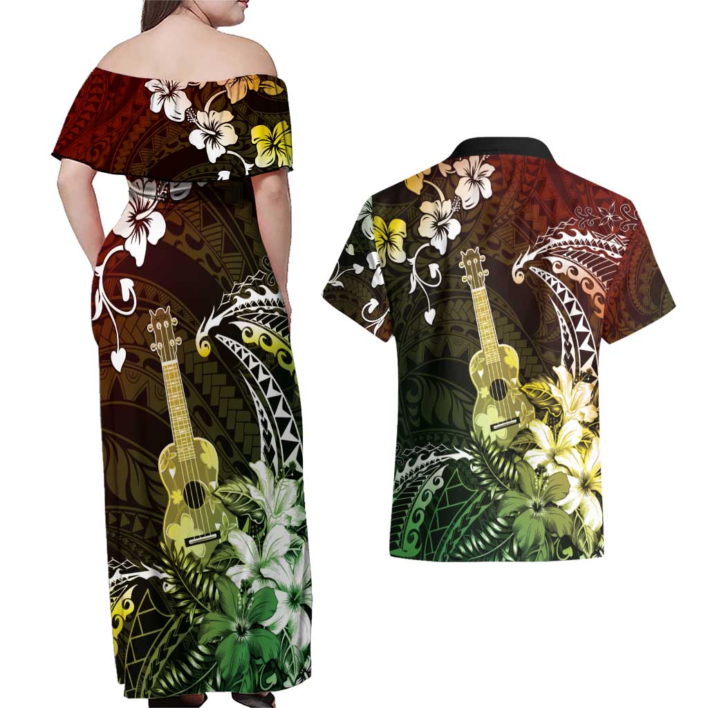 Hawaii Ukulele Couples Matching Off Shoulder Maxi Dress and Hawaiian Shirt Polynesian Pattern Mix Hibiscus Reggae Version LT05