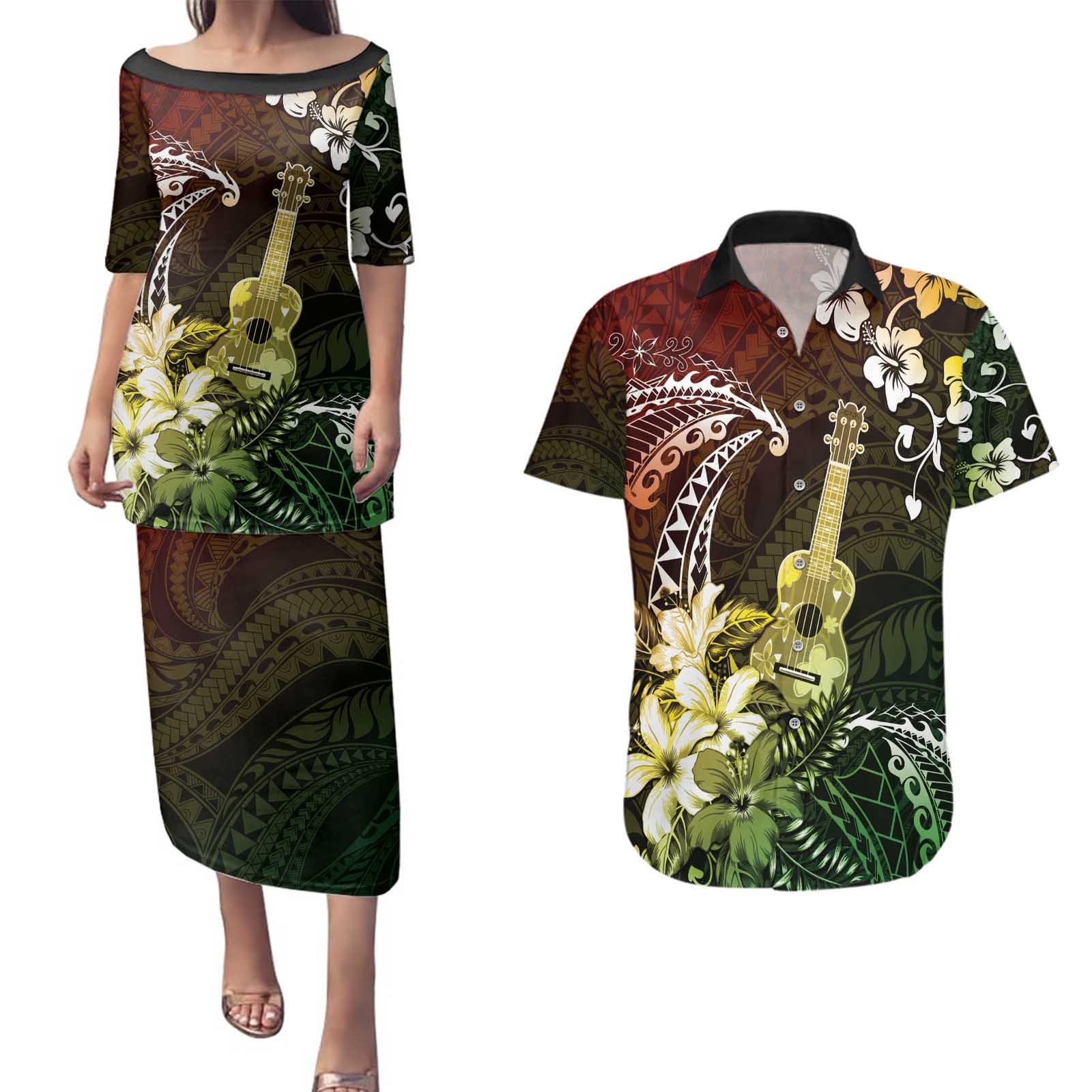 Hawaii Ukulele Couples Matching Puletasi and Hawaiian Shirt Polynesian Pattern Mix Hibiscus Reggae Version LT05