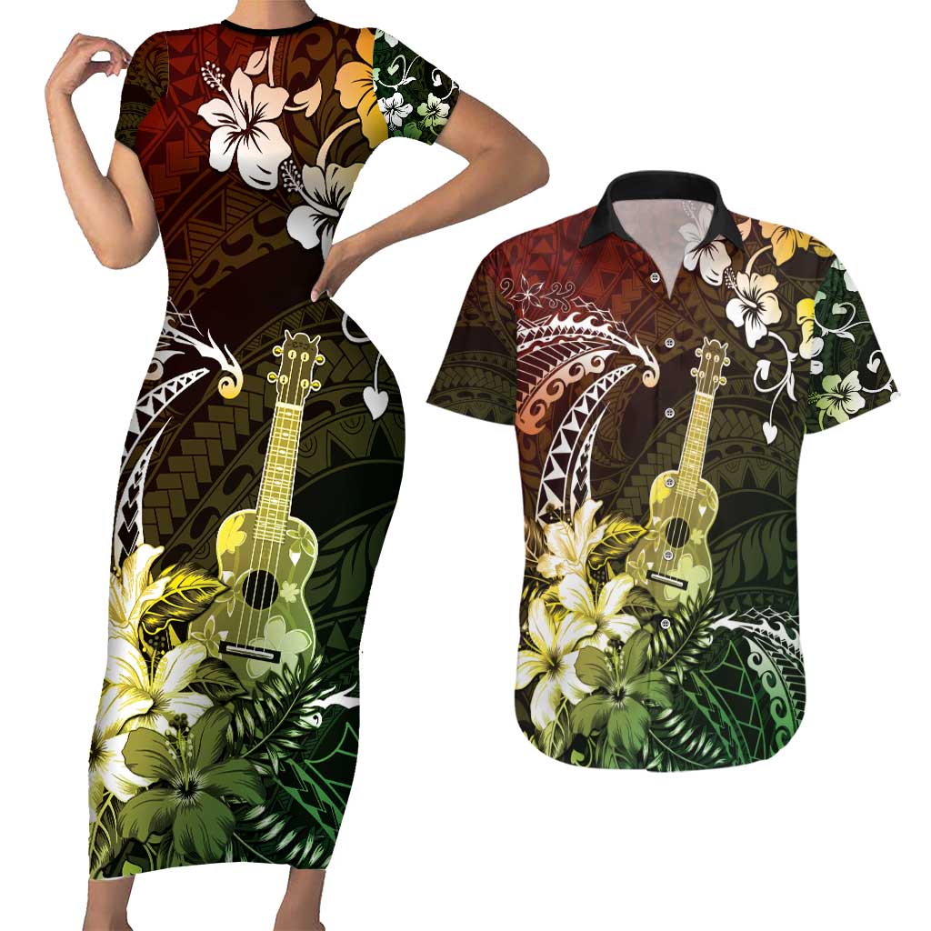 Hawaii Ukulele Couples Matching Short Sleeve Bodycon Dress and Hawaiian Shirt Polynesian Pattern Mix Hibiscus Reggae Version LT05
