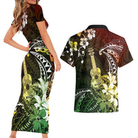 Hawaii Ukulele Couples Matching Short Sleeve Bodycon Dress and Hawaiian Shirt Polynesian Pattern Mix Hibiscus Reggae Version LT05