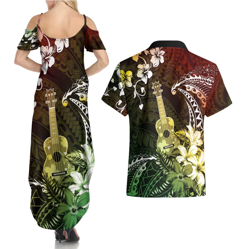 Hawaii Ukulele Couples Matching Summer Maxi Dress and Hawaiian Shirt Polynesian Pattern Mix Hibiscus Reggae Version LT05