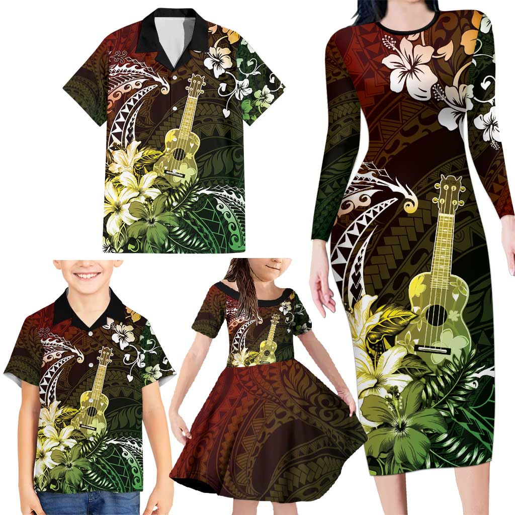 Hawaii Ukulele Family Matching Long Sleeve Bodycon Dress and Hawaiian Shirt Polynesian Pattern Mix Hibiscus Reggae Version LT05