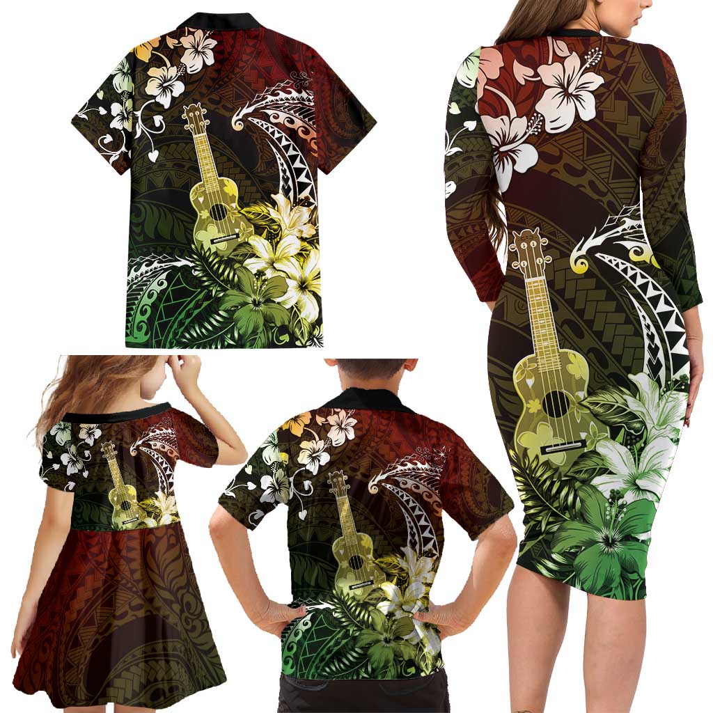 Hawaii Ukulele Family Matching Long Sleeve Bodycon Dress and Hawaiian Shirt Polynesian Pattern Mix Hibiscus Reggae Version LT05