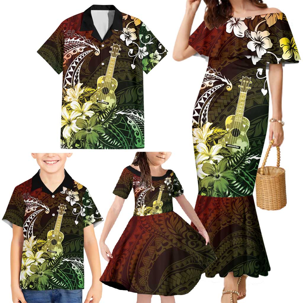 Hawaii Ukulele Family Matching Mermaid Dress and Hawaiian Shirt Polynesian Pattern Mix Hibiscus Reggae Version LT05