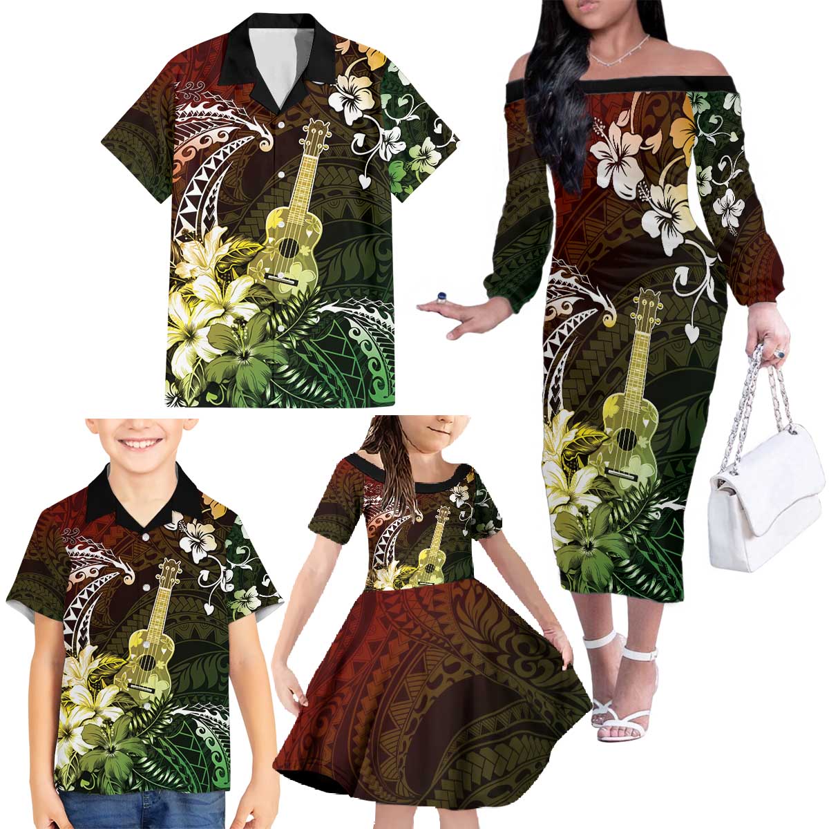 Hawaii Ukulele Family Matching Off The Shoulder Long Sleeve Dress and Hawaiian Shirt Polynesian Pattern Mix Hibiscus Reggae Version LT05