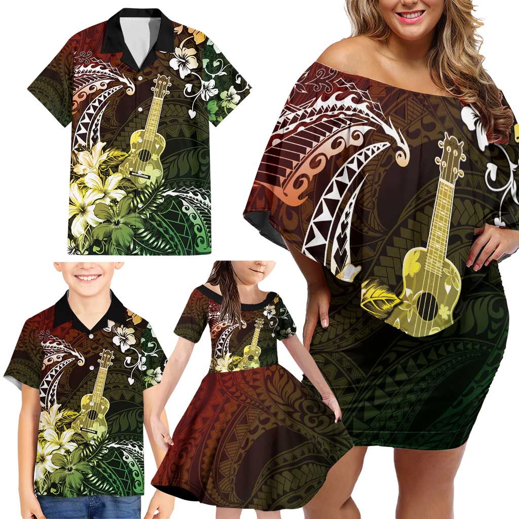 Hawaii Ukulele Family Matching Off Shoulder Short Dress and Hawaiian Shirt Polynesian Pattern Mix Hibiscus Reggae Version LT05