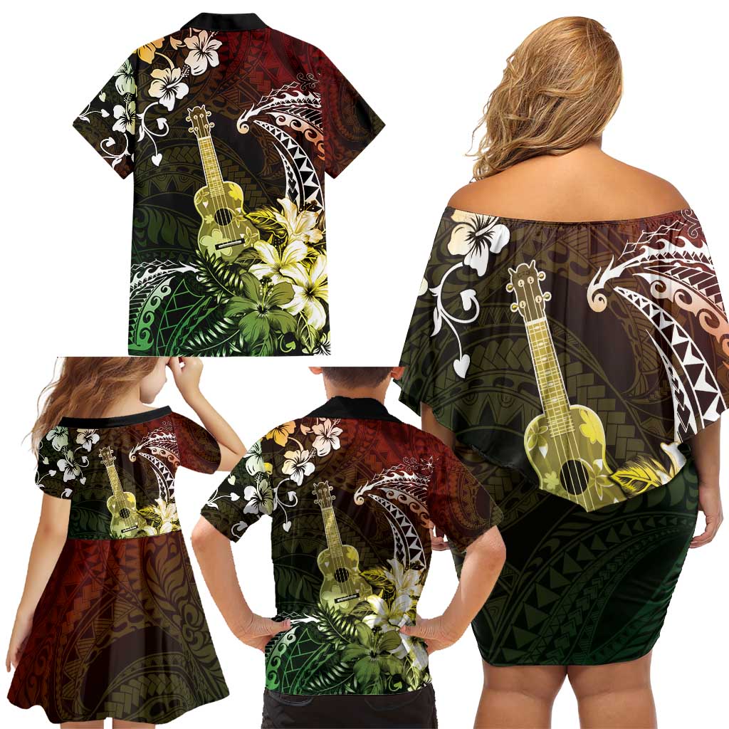 Hawaii Ukulele Family Matching Off Shoulder Short Dress and Hawaiian Shirt Polynesian Pattern Mix Hibiscus Reggae Version LT05