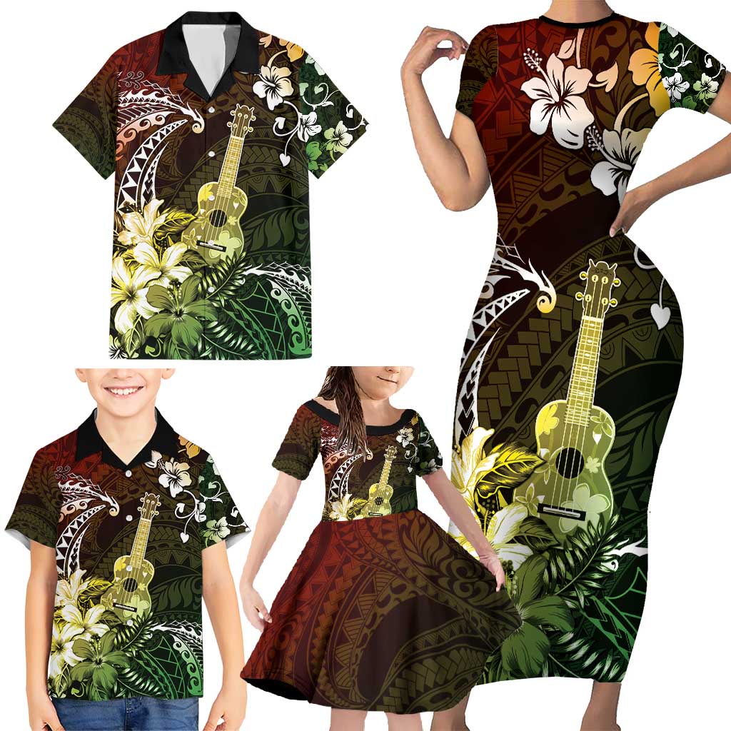 Hawaii Ukulele Family Matching Short Sleeve Bodycon Dress and Hawaiian Shirt Polynesian Pattern Mix Hibiscus Reggae Version LT05