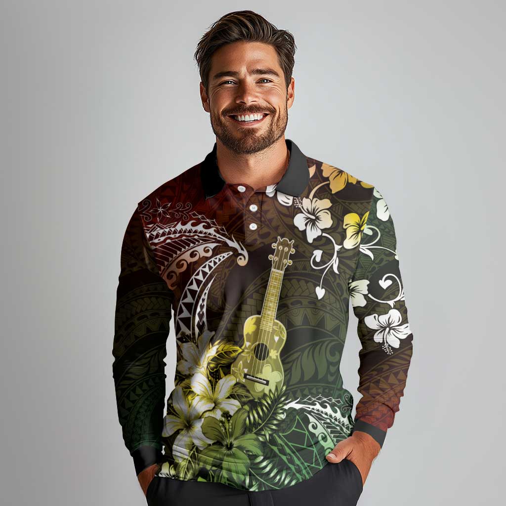 Hawaii Ukulele Long Sleeve Polo Shirt Polynesian Pattern Mix Hibiscus Reggae Version LT05