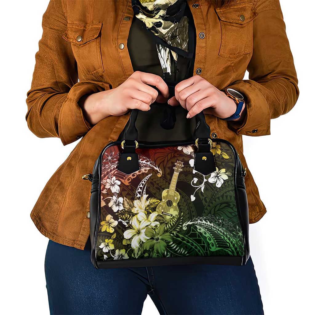 Hawaii Ukulele Shoulder Handbag Polynesian Pattern Mix Hibiscus Reggae Version