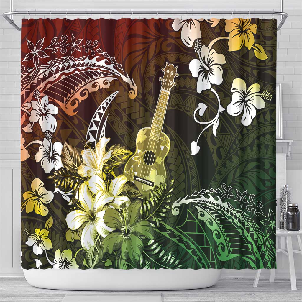 Hawaii Ukulele Shower Curtain Polynesian Pattern Mix Hibiscus Reggae Version