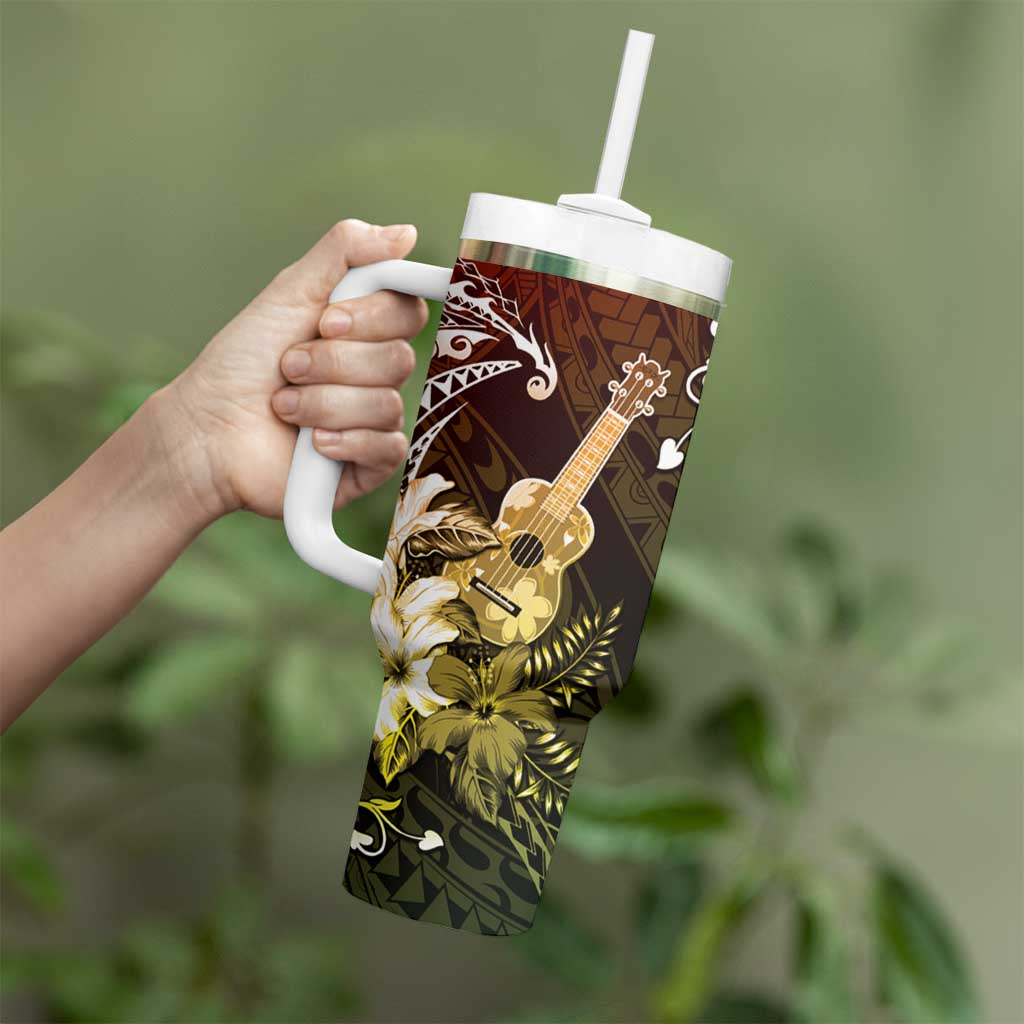 Hawaii Ukulele Tumbler With Handle Polynesian Pattern Mix Hibiscus Reggae Version