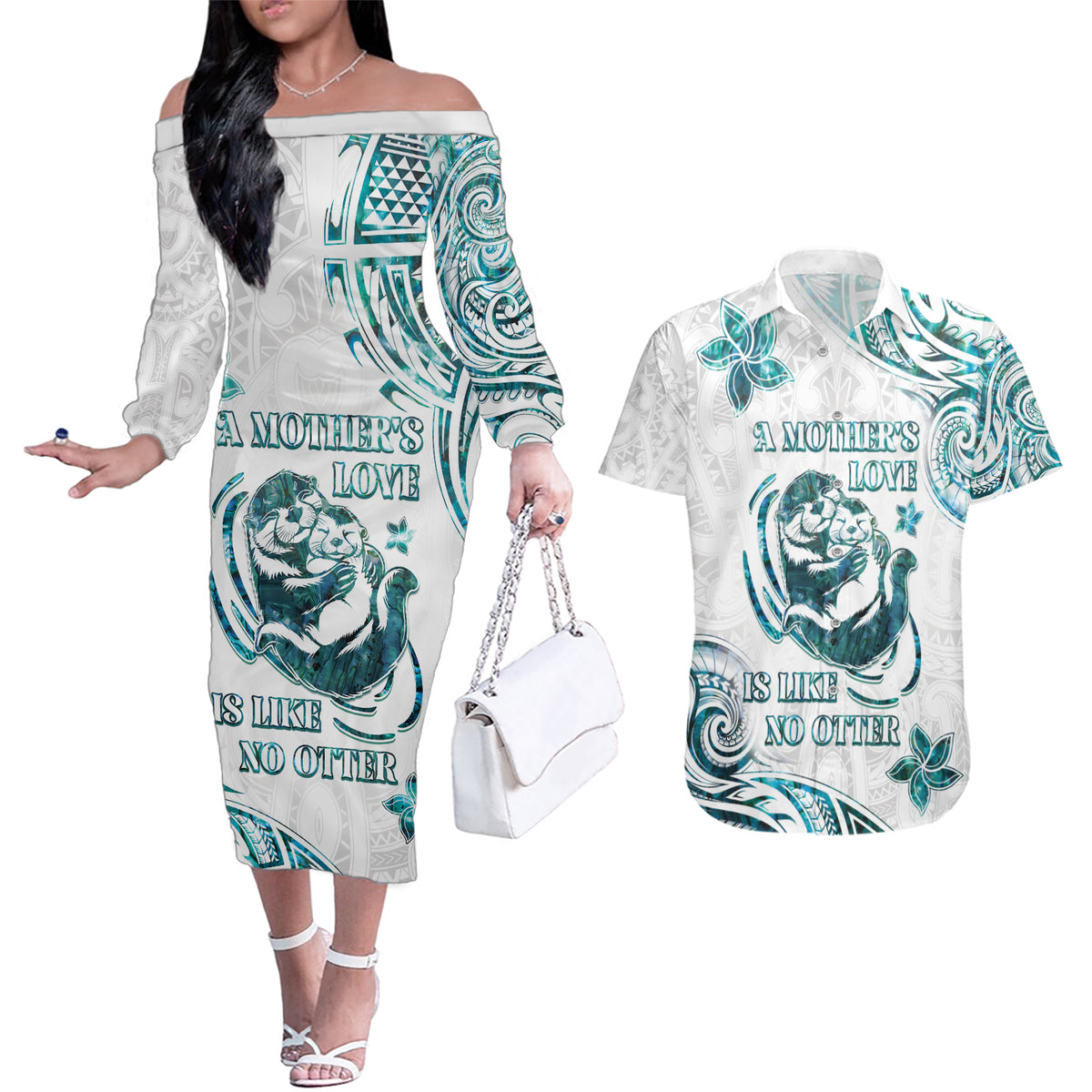 New Zealand Aotearoa Hari Ra Mama Couples Matching Off The Shoulder Long Sleeve Dress and Hawaiian Shirt A Mother's Love Is Like No Otter LT05 White - Polynesian Pride
