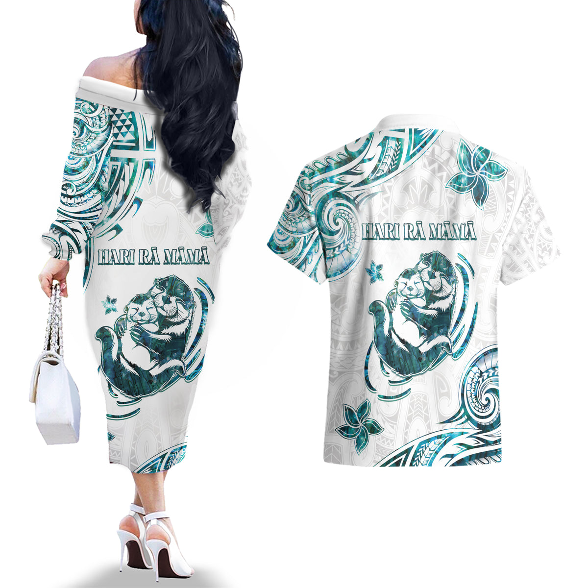 New Zealand Aotearoa Hari Ra Mama Couples Matching Off The Shoulder Long Sleeve Dress and Hawaiian Shirt A Mother's Love Is Like No Otter LT05 - Polynesian Pride