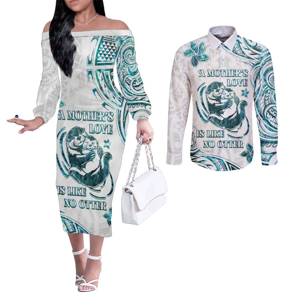 New Zealand Aotearoa Hari Ra Mama Couples Matching Off The Shoulder Long Sleeve Dress and Long Sleeve Button Shirt A Mother's Love Is Like No Otter
