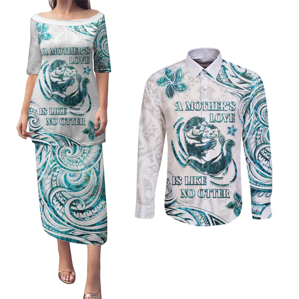 New Zealand Aotearoa Hari Ra Mama Couples Matching Puletasi and Long Sleeve Button Shirt A Mother's Love Is Like No Otter