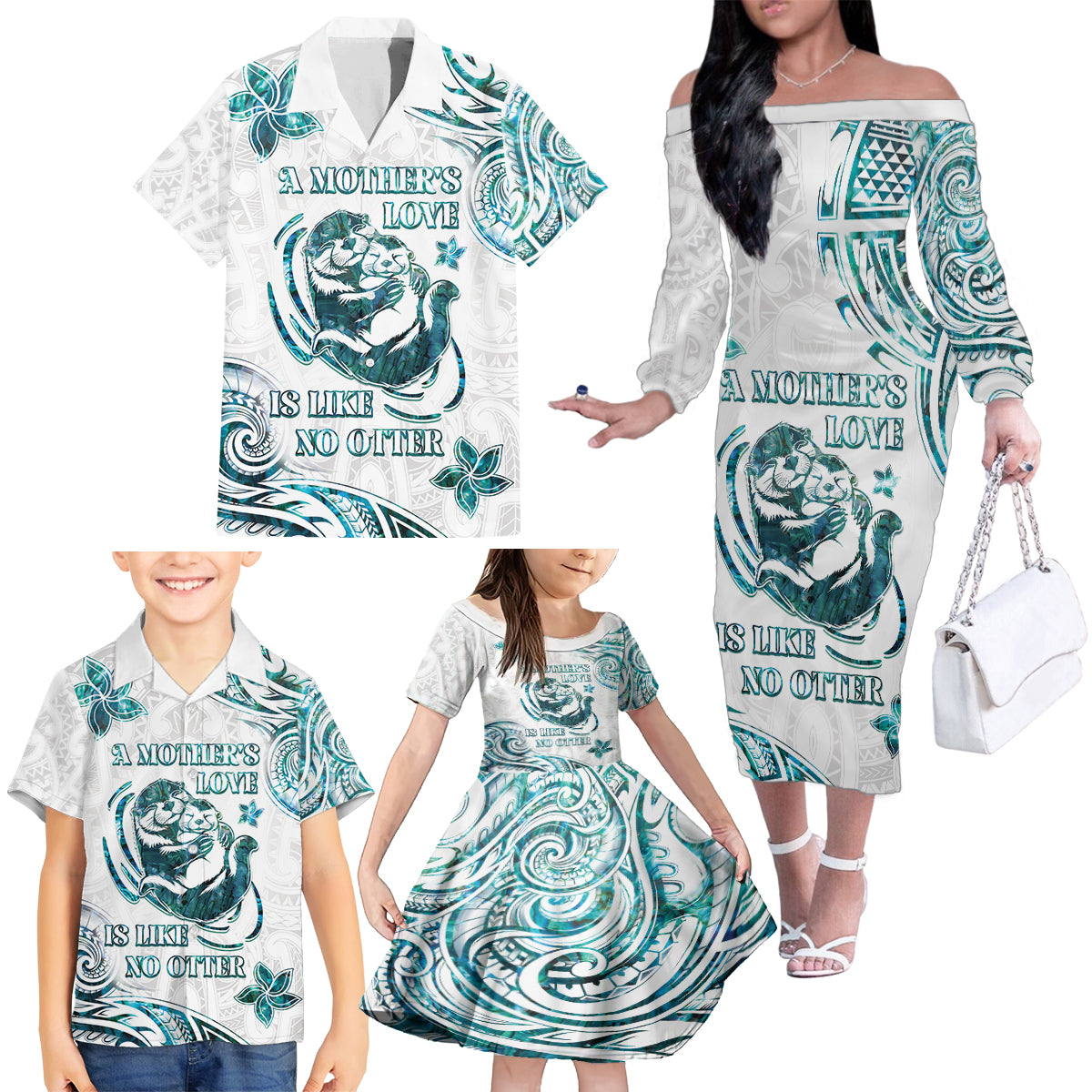 New Zealand Aotearoa Hari Ra Mama Family Matching Off The Shoulder Long Sleeve Dress and Hawaiian Shirt A Mother's Love Is Like No Otter