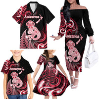 Personalised New Zealand Maori Taniwha Family Matching Off The Shoulder Long Sleeve Dress and Hawaiian Shirt Silver Fern Red Version