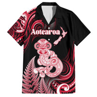 Personalised New Zealand Maori Taniwha Family Matching Off The Shoulder Long Sleeve Dress and Hawaiian Shirt Silver Fern Red Version