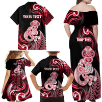 Personalised New Zealand Maori Taniwha Family Matching Off Shoulder Maxi Dress and Hawaiian Shirt Silver Fern Red Version