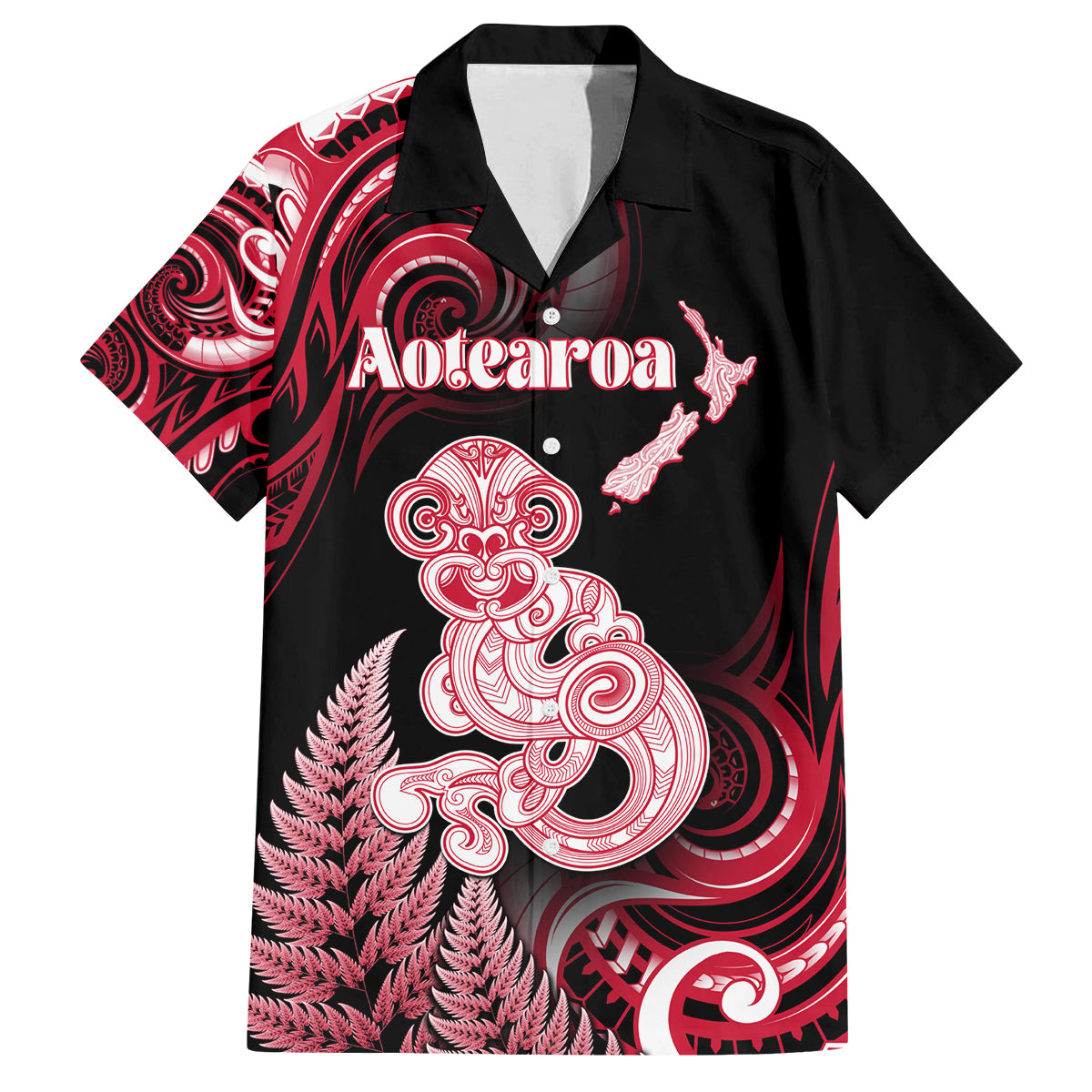 Personalised New Zealand Maori Taniwha Family Matching Off Shoulder Short Dress and Hawaiian Shirt Silver Fern Red Version