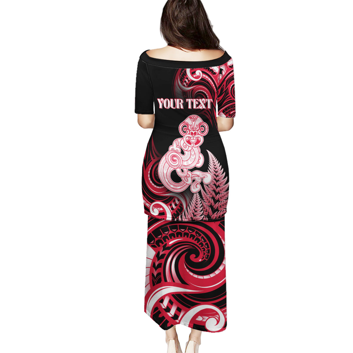 Personalised New Zealand Maori Taniwha Family Matching Puletasi and Hawaiian Shirt Silver Fern Red Version