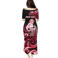 Personalised New Zealand Maori Taniwha Family Matching Puletasi and Hawaiian Shirt Silver Fern Red Version
