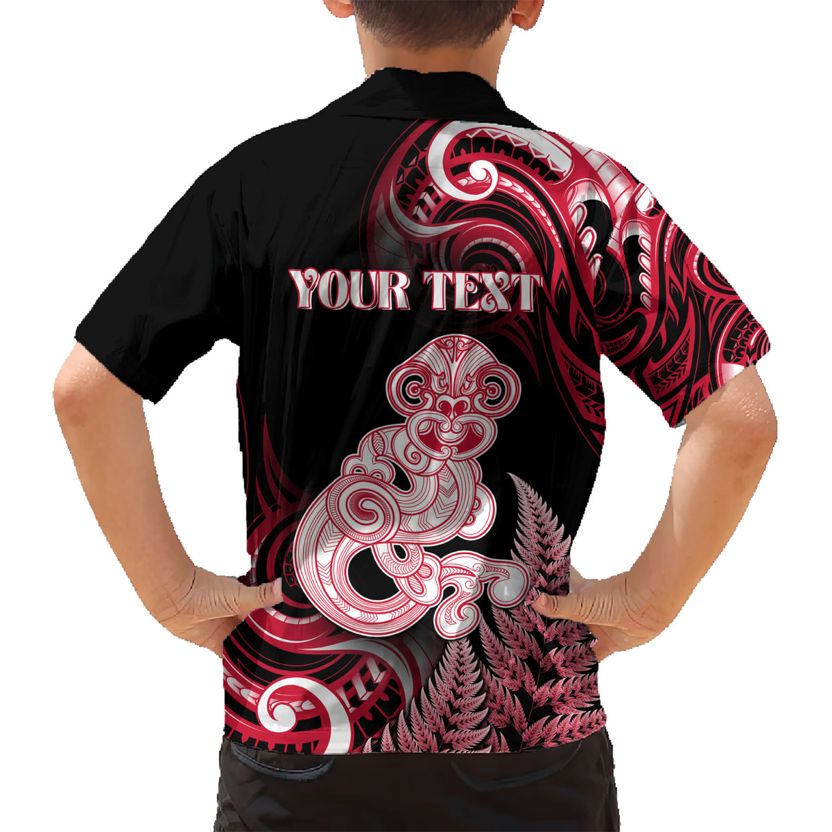 Personalised New Zealand Maori Taniwha Family Matching Short Sleeve Bodycon Dress and Hawaiian Shirt Silver Fern Red Version