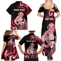 Personalised New Zealand Maori Taniwha Family Matching Summer Maxi Dress and Hawaiian Shirt Silver Fern Red Version
