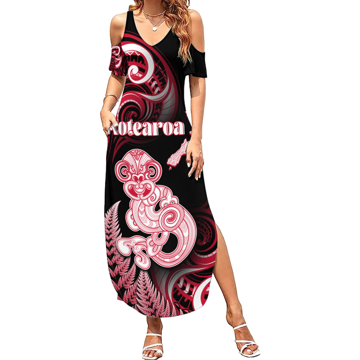 Personalised New Zealand Maori Taniwha Family Matching Summer Maxi Dress and Hawaiian Shirt Silver Fern Red Version