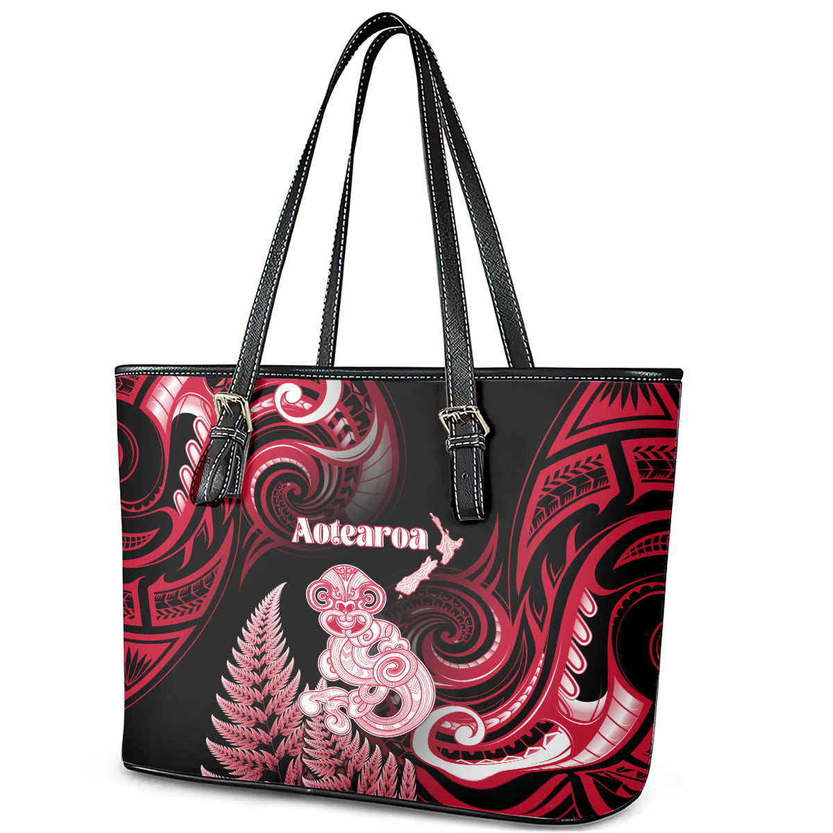 New Zealand Maori Taniwha Leather Tote Bag Silver Fern Red Version