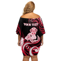 Personalised New Zealand Maori Taniwha Off Shoulder Short Dress Silver Fern Red Version LT05 - Polynesian Pride