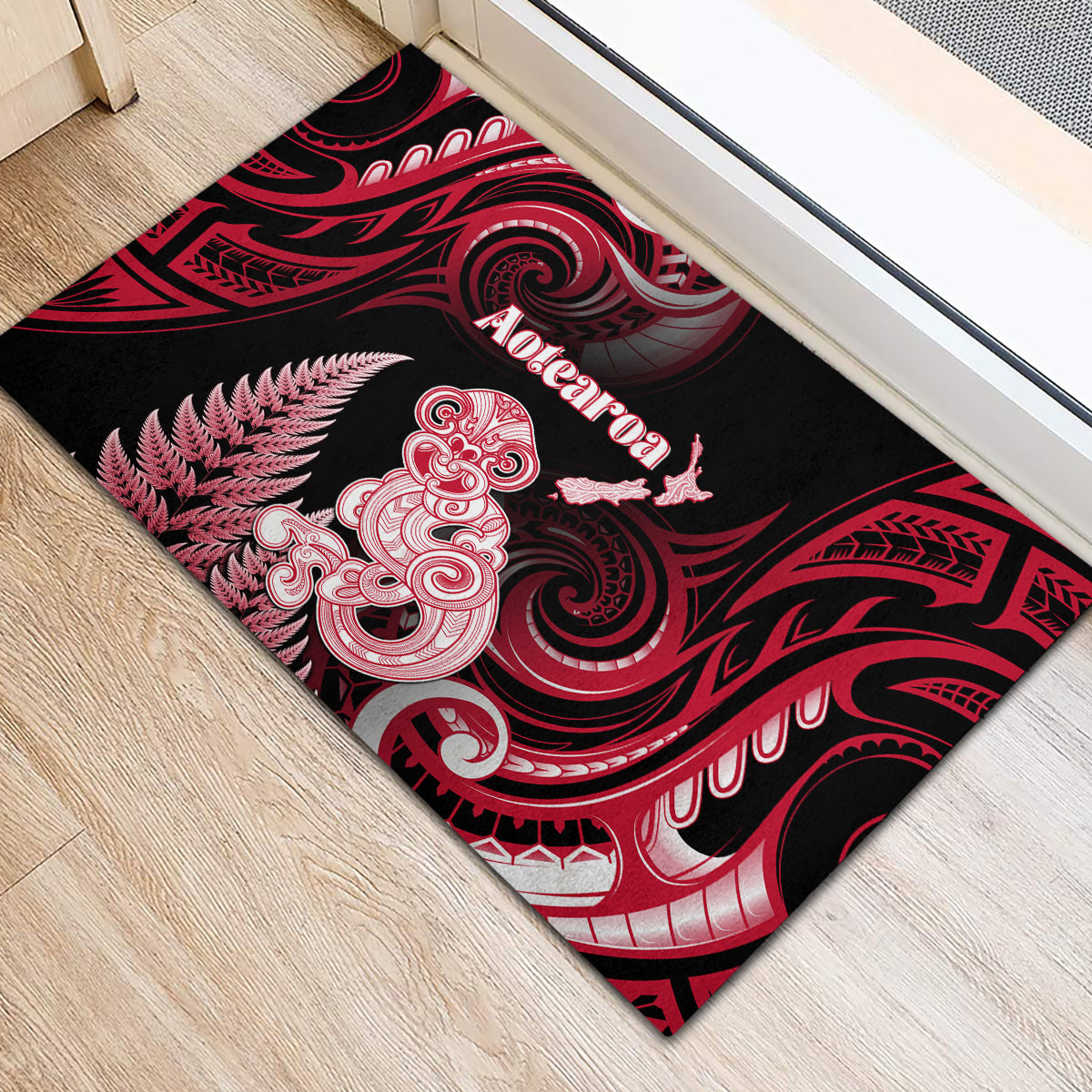 New Zealand Maori Taniwha Rubber Doormat Silver Fern Red Version