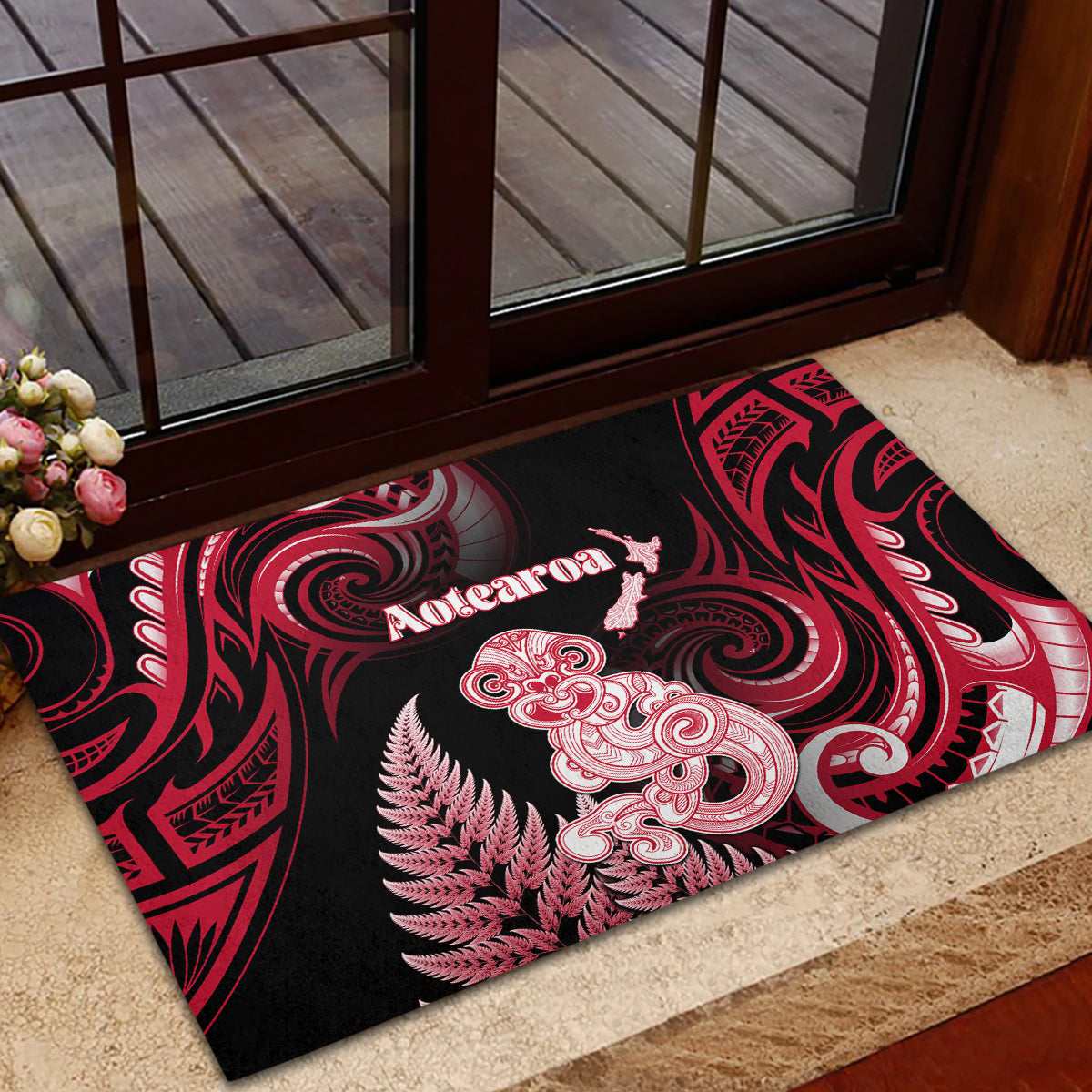 New Zealand Maori Taniwha Rubber Doormat Silver Fern Red Version
