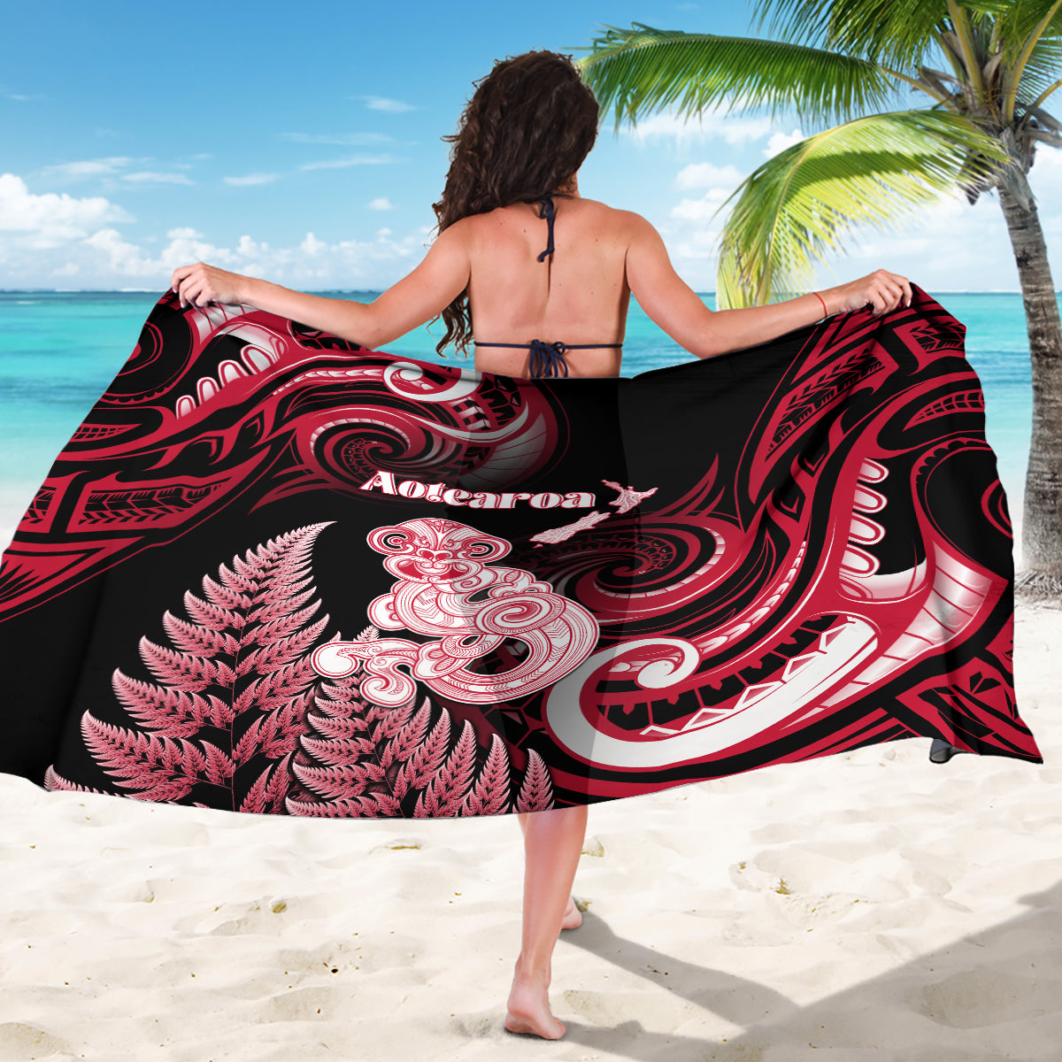 New Zealand Maori Taniwha Sarong Silver Fern Red Version
