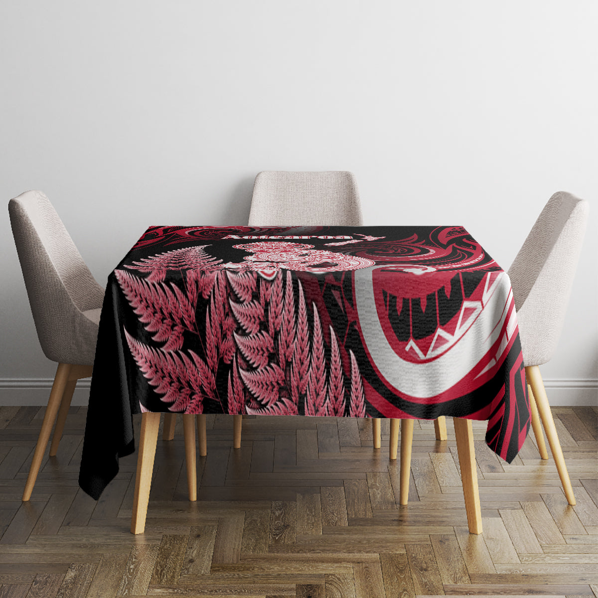 New Zealand Maori Taniwha Tablecloth Silver Fern Red Version