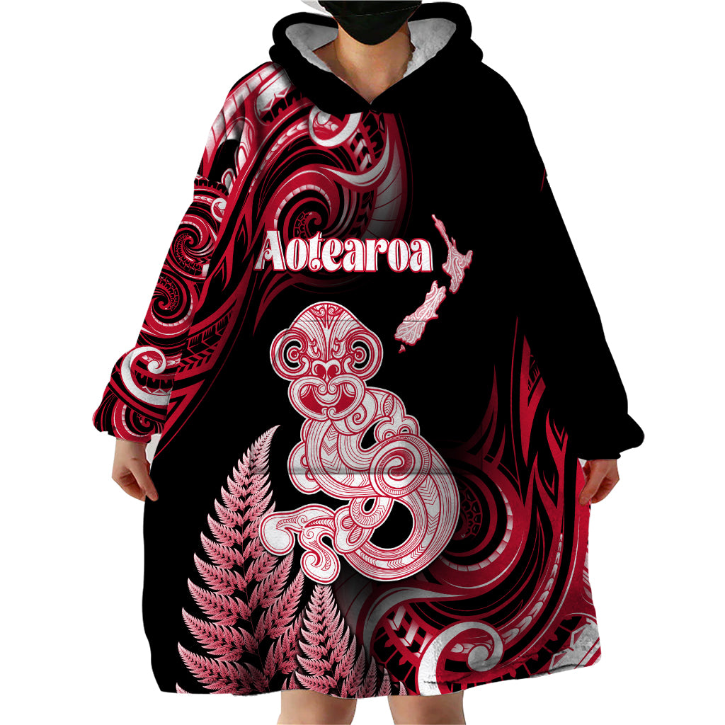 Personalised New Zealand Maori Taniwha Wearable Blanket Hoodie Silver Fern Red Version
