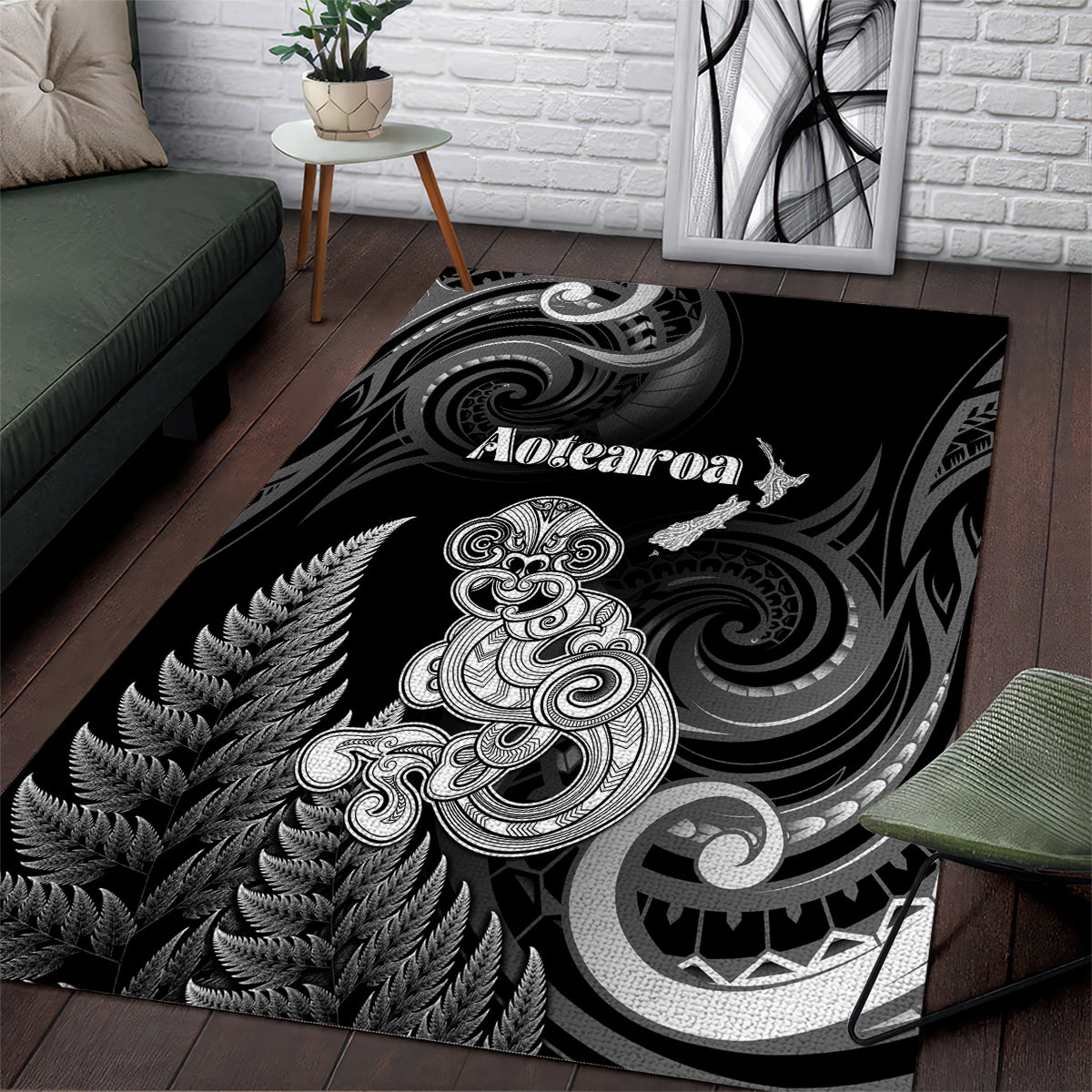 New Zealand Maori Taniwha Area Rug Silver Fern Black Version
