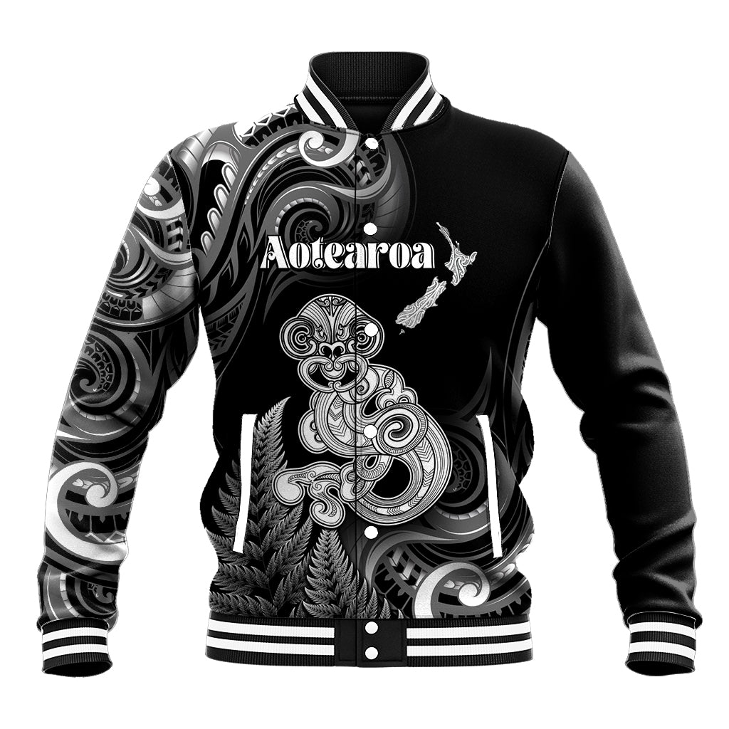 Personalised New Zealand Maori Taniwha Baseball Jacket Silver Fern Black Version LT05 Unisex Black - Polynesian Pride