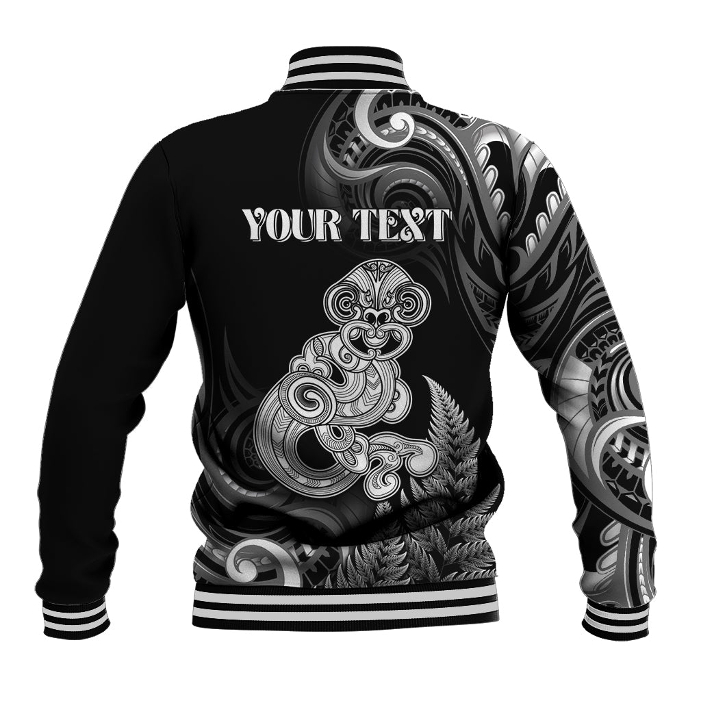 Personalised New Zealand Maori Taniwha Baseball Jacket Silver Fern Black Version LT05 - Polynesian Pride