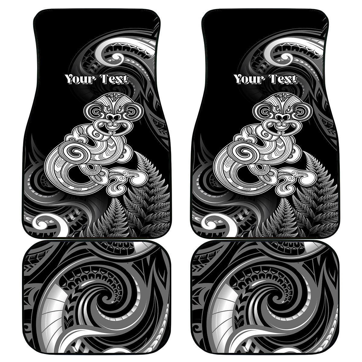 Personalised New Zealand Maori Taniwha Car Mats Silver Fern Black Version
