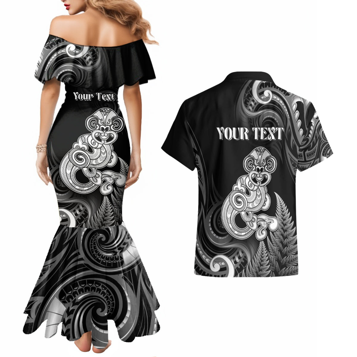Personalised New Zealand Maori Taniwha Couples Matching Mermaid Dress and Hawaiian Shirt Silver Fern Black Version