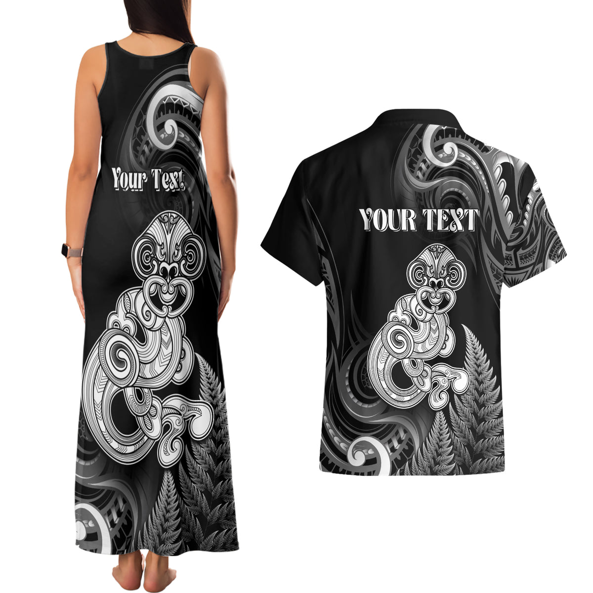 Personalised New Zealand Maori Taniwha Couples Matching Tank Maxi Dress and Hawaiian Shirt Silver Fern Black Version