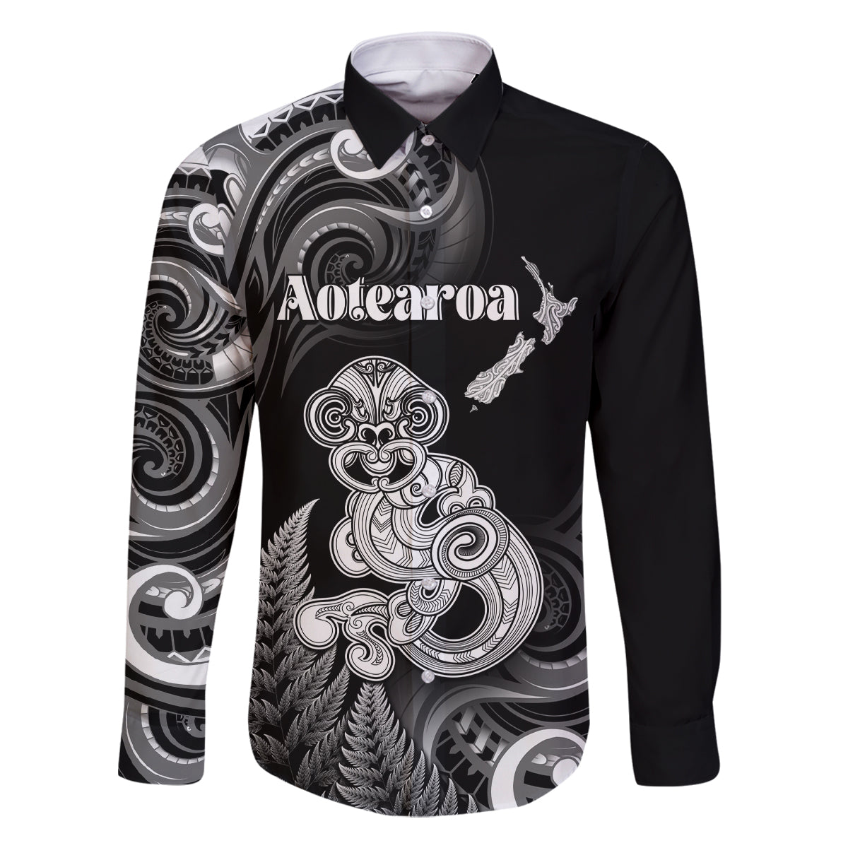 Personalised New Zealand Maori Taniwha Family Matching Tank Maxi Dress and Hawaiian Shirt Silver Fern Black Version