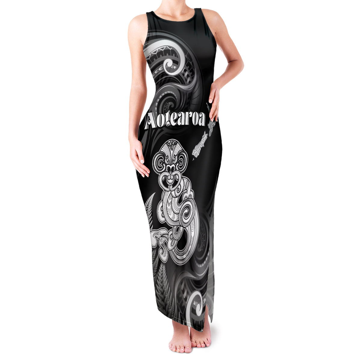 Personalised New Zealand Maori Taniwha Family Matching Tank Maxi Dress and Hawaiian Shirt Silver Fern Black Version